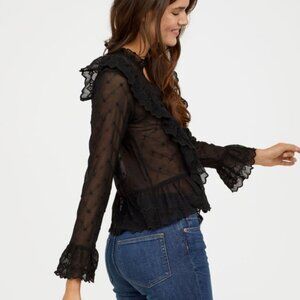 H&M Black Sheer Lace Ruffle Blouse NWT Size 14